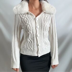 Birch NY white knit fur collar cardigan sweater button up jacket top medium glam